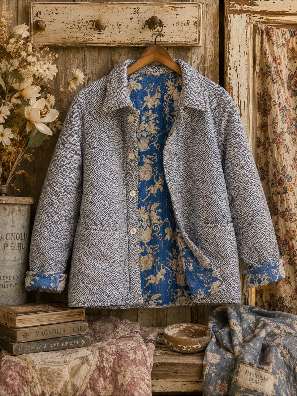 Reversible Blue Herringbone and Cherub Print Quilted Jacket